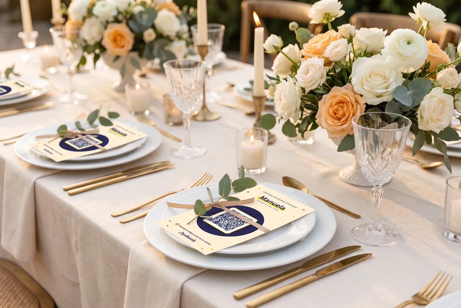 Mesa de boda con una tarjeta con código QR y canción personalizada en cada plato