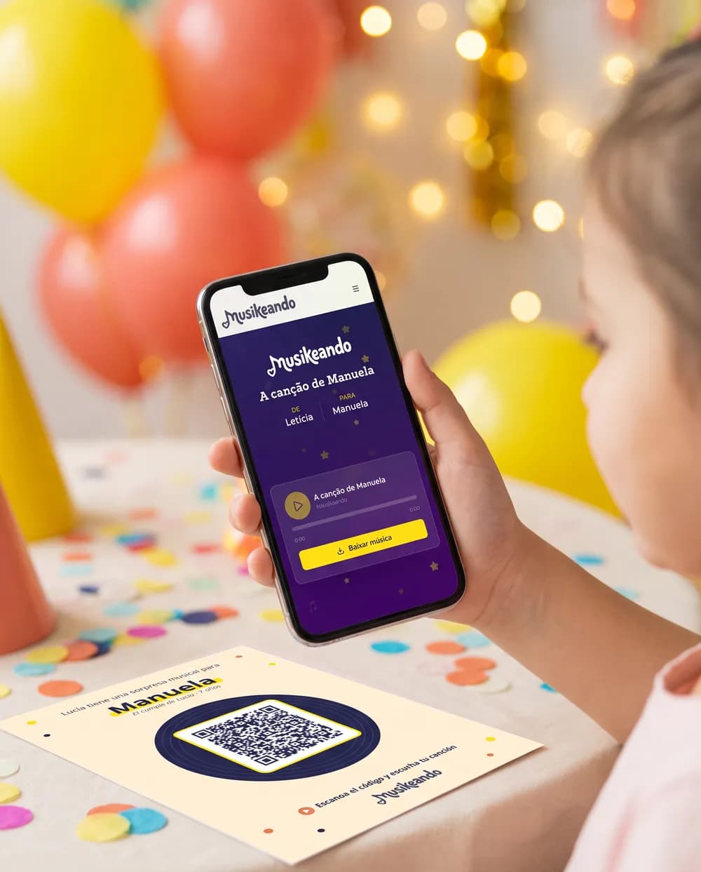 Móvil con la página de la canción personalizada abierta tras escanear la tarjeta con código QR del invitado