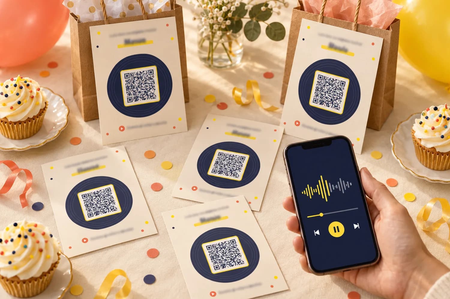 Tarjetas de detalles musicales para invitados con código QR sobre una mesa de fiesta, junto a bolsitas de regalo y cupcakes, y un móvil reproduciendo la canción