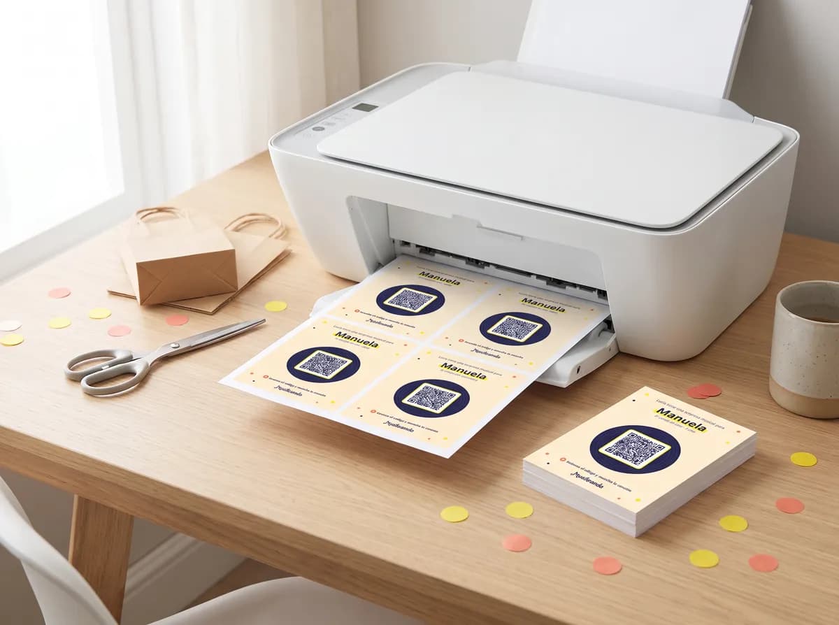 Impresora de casa imprimiendo una hoja A4 con cuatro tarjetas con código QR