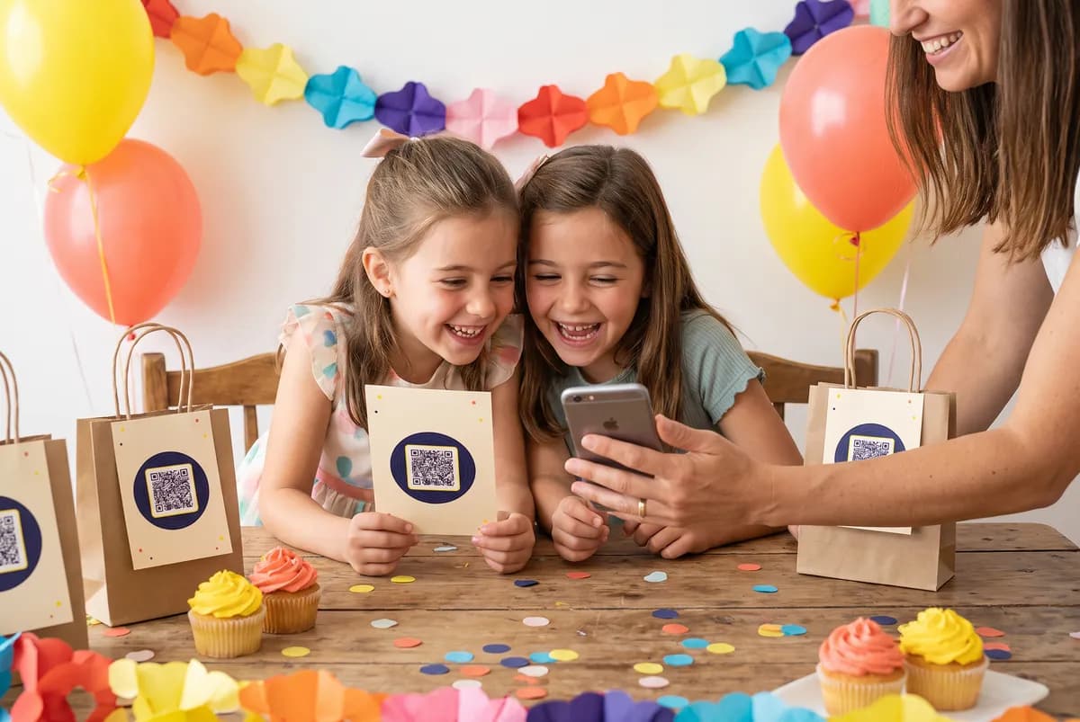 Dos niñas escuchan en un móvil su canción personalizada durante una fiesta de cumpleaños